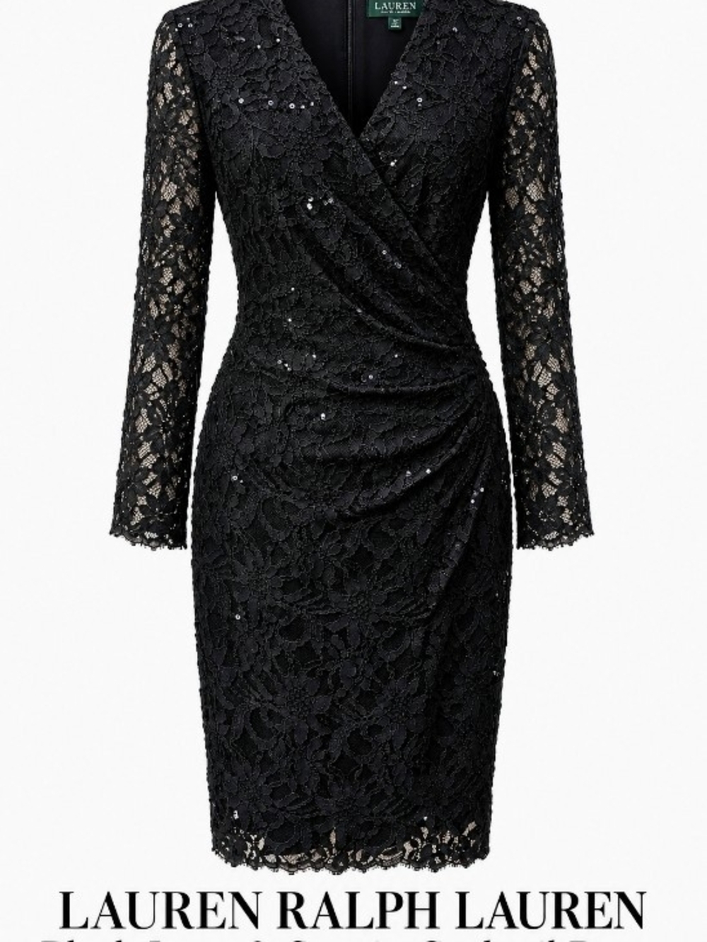 Holiday Party Date Night Lauren Ralph Lauren Black Lace Wrap-Front Sheath Dress